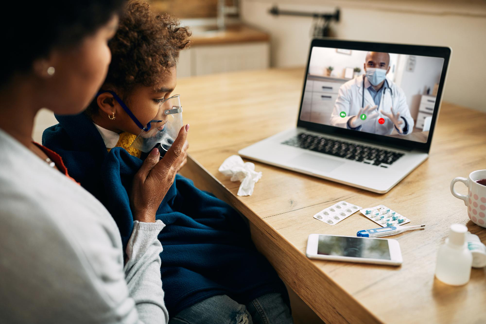Nurse conducting a telehealth video consultation with a virtual ward patient at home